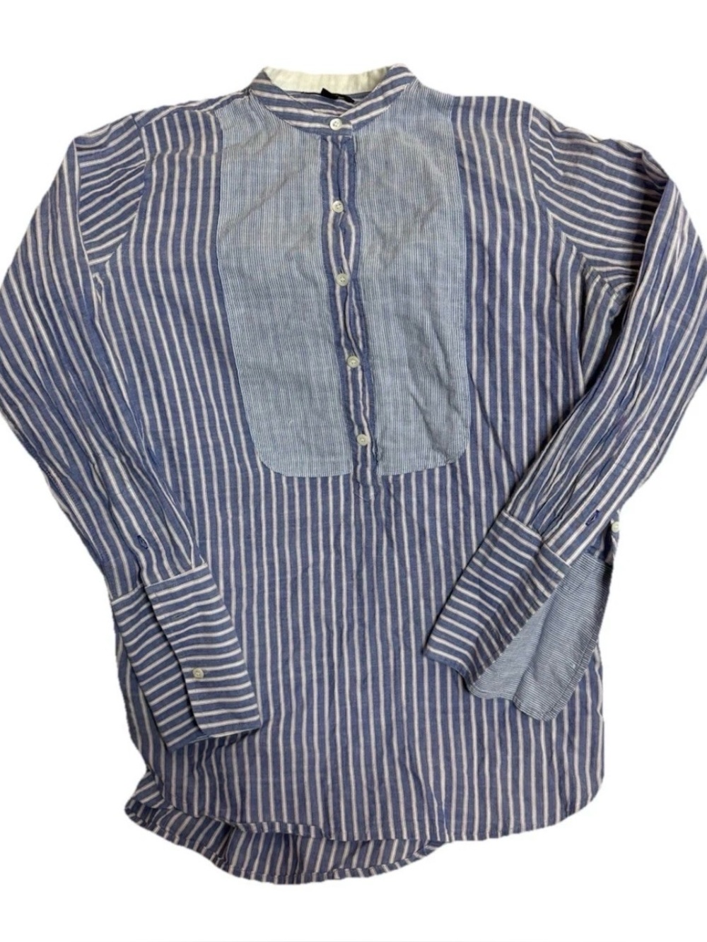 J Crew Womens Sz 2 Small Blue White Striped Collarless Long Sleeve Tunic Top